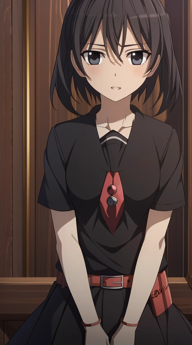 (masterpiece), best quality, expressive eyes, perfect face, kurome , black hair ,short twin ,short hair, black eyes, medium breasts, anime art style, official art, blushing, nervous, slightly head tilt, slit look away from the camera, ((school uniform black shirt ,black skirt, red belt ))background classroom
