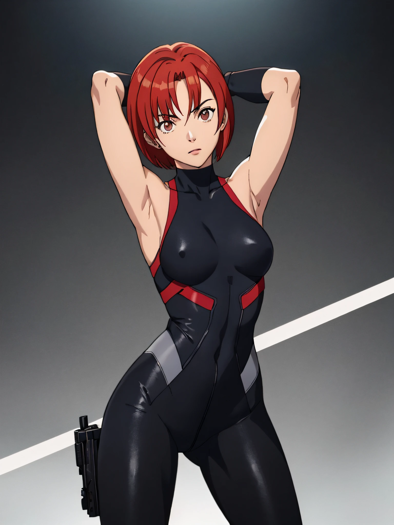 reginaDC, regina, dino crisis, 1girl, female, athletic woman, showing armpits, raised arms, arms up, arms behind head, posing, solo, masterpiece, shaved armpits, perfect proportions, black bodysuit, gray fabric layer under bodysuit, young, bare shoulders, tactical fingerless gloves, pistol