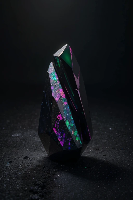 unusual mineral, gradient, dark blue, slightly pink in places, slightly purple, black, glossy, geoid, rough corners, texture, beautiful on black, slightly glowing, dust and light, hyperrealism, hd, realism, real, Black Opal Lighting Ridge, fluorite, Burma tourmaline stone