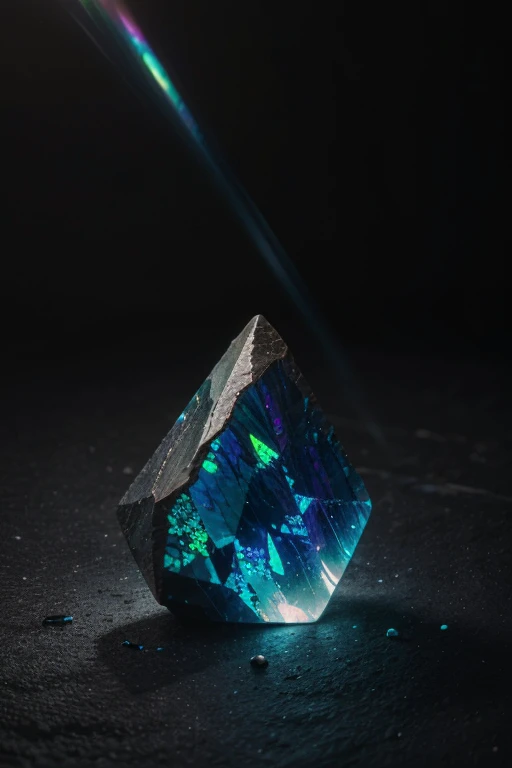 unusual mineral, gradient, dark blue, slightly pink in places, slightly purple, black, glossy, geoid, rough corners, texture, beautiful on black, slightly glowing, dust and light, hyperrealism, hd, realism, real, Black Opal Lighting Ridge, fluorite, Burma tourmaline stone