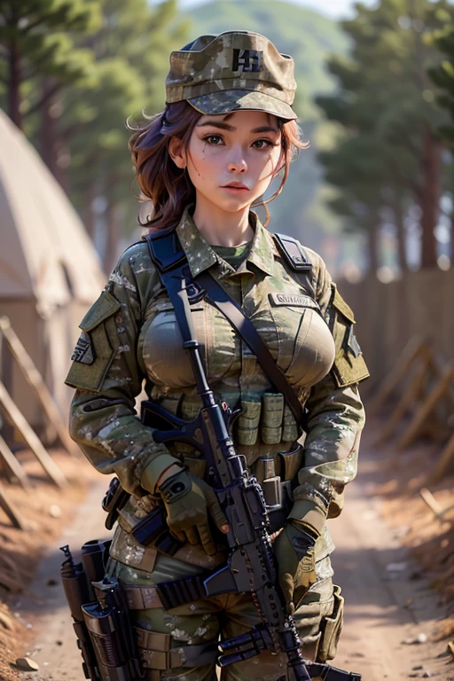 a woman, (wearing camouflage_uniform:1.3), wearing cap, (holding a rifle:1.5), 
good hand,4k, high-res, masterpiece, best quality, head:1.3,((Hasselblad photography)), finely detailed skin, sharp focus, (cinematic lighting), soft lighting, dynamic angle, [:(detailed face:1.2):0.2], medium breasts,(((military training camp))),