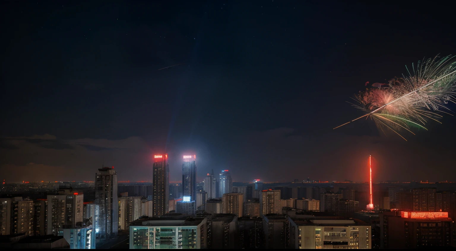 north korea in the year of 2500, futuristic, soviet high rise buildings, fighter jets dramatic night sky, neon, communist propaganda style