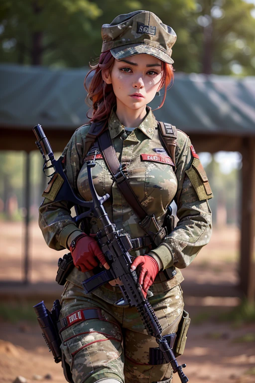 a woman, (wearing camouflage_uniform:1.3), wearing cap, (holding a rifle:1.5), (red uniform:1.5),
good hand,4k, high-res, masterpiece, best quality, head:1.3,((Hasselblad photography)), finely detailed skin, sharp focus, (cinematic lighting), soft lighting, dynamic angle, [:(detailed face:1.2):0.2], medium breasts,(((military training camp))),
