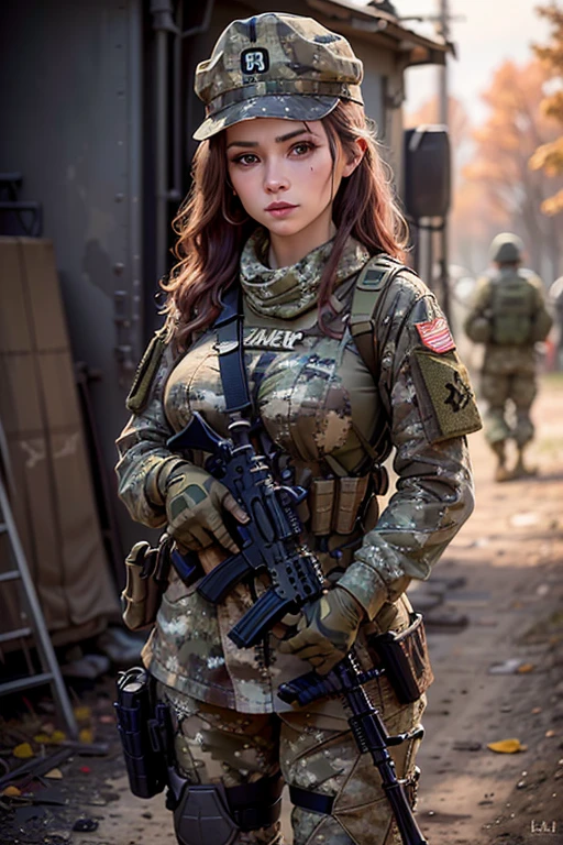 a woman, (wearing camouflage_uniform:1.3), wearing cap, (holding a rifle:1.5), 
good hand,4k, high-res, masterpiece, best quality, head:1.3,((Hasselblad photography)), finely detailed skin, sharp focus, (cinematic lighting), soft lighting, dynamic angle, [:(detailed face:1.2):0.2], medium breasts,(((military training camp))),