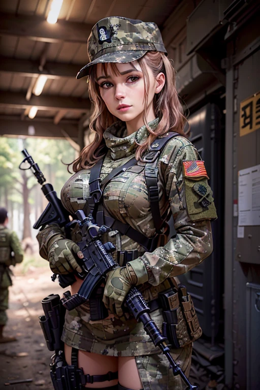 a woman, (wearing camouflage_uniform:1.3), wearing cap, (holding a rifle:1.5), 
good hand,4k, high-res, masterpiece, best quality, head:1.3,((Hasselblad photography)), finely detailed skin, sharp focus, (cinematic lighting), soft lighting, dynamic angle, [:(detailed face:1.2):0.2], medium breasts,(((military training camp))),