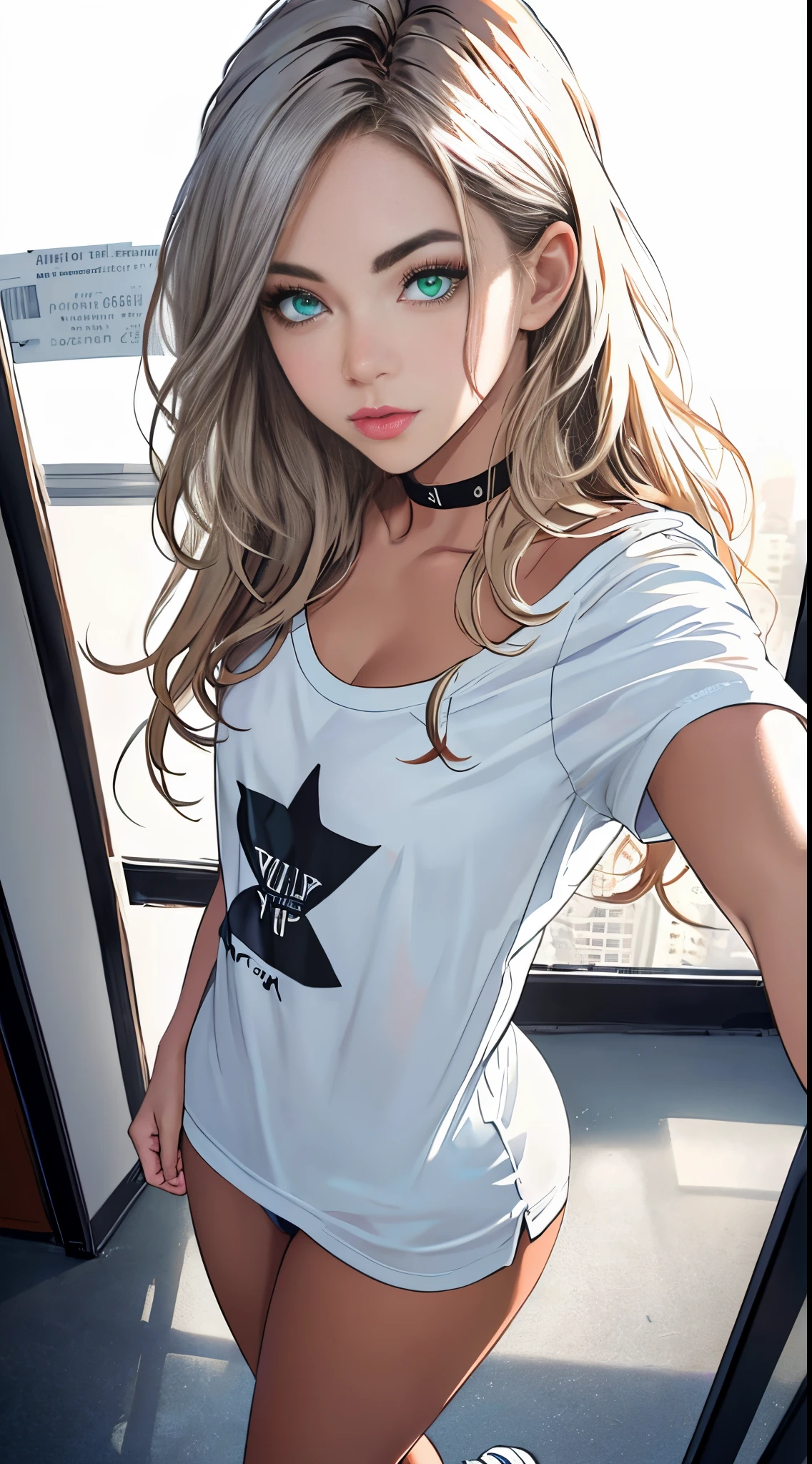 1 girl named Sarah with long blonde gray hair, dyed loose hair, Long hairstyle, perfect detailed face, Detailed symmetrical green eyes with a round iris, Beautiful, Walking and posing, Look at the observer, 19-year-old girl, looks like Madison Beer, extremely detailed face, Model, Realistic, Real life, perfect photorealistic picture, Realistic, Curvy Body, hourglass figure, Stunning realistic photography, Detailed fingers, detailed realistic face, Soft fingers, real human nails, Extremely attractive girl, perfect detailed tan, small eyes, perfectly detailed face with realistic complexion and finely porous skin, small nose, Model, Perfect posture, Natural limbs, long legs, detailed symmetrical eyeballs, symmetric eyes, Realistic eyeballs, Realistic detailed eyes, cute plump closed lips, makeup, no long neck, Perfect proportional body, seductive gaze, Looking in the direction of the viewer, Fascinating facial features, ah high, two arms, Two legs, one head, tiny breasts, realistic natural bodies, realistic shadows, Mystical epiphany, 8K, UHD, ((body facing the viewer, Pointing at the camera)), "wide-angle", Full-body shot, full pose, (photo studio white background), seduce a little, Cinematic world, Cover photo in the center of Hipereallistic, Stunning full-color, Cinematic, neoprene, behance contest winner, portraite of a, presented at UnsplasH, stylized digital art, Smooth, extra high resolution, Wearing an oversized white T-shirt and black Acronym J36-S sweatpants... (T-shirt only white), black and white sneakers, instagram model, 80mm , Urban streetwear , Realistic,round ass,Real hands,Urban Technical Clothing