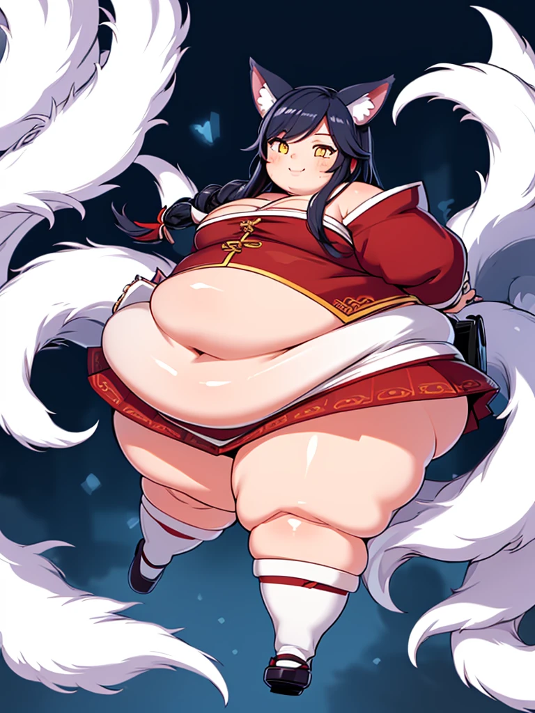 masterpiece, best quality, 1girl, IncrsAhri, obese body, panties, multiple tails, fox tail, korean clothes, full body, skirt, braid, fox ears, arms behind back, seductive smile,