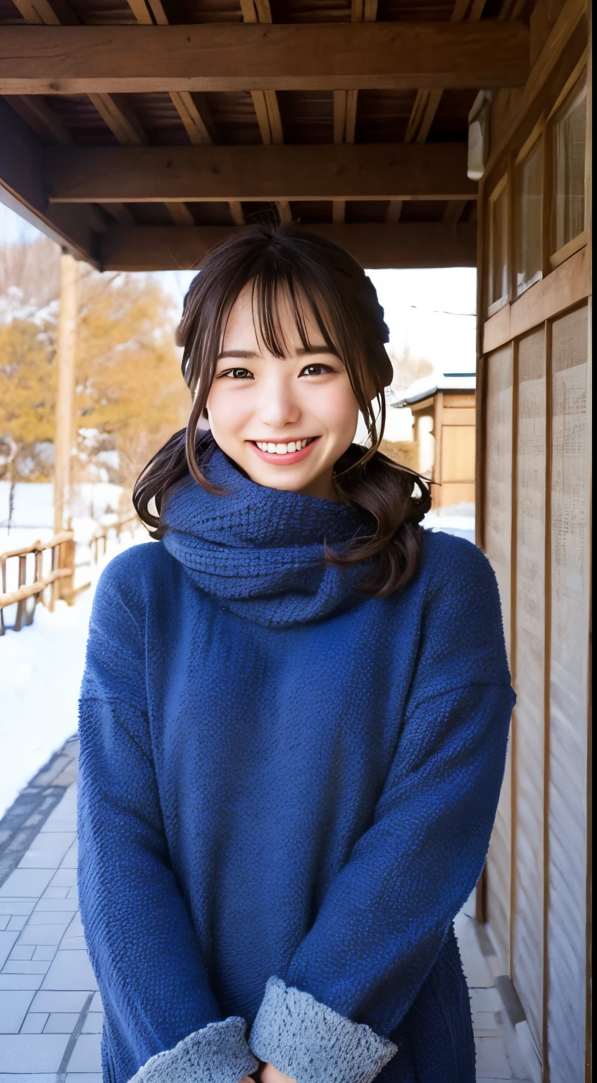 Winter clothes、a little bit smile、hot spring town