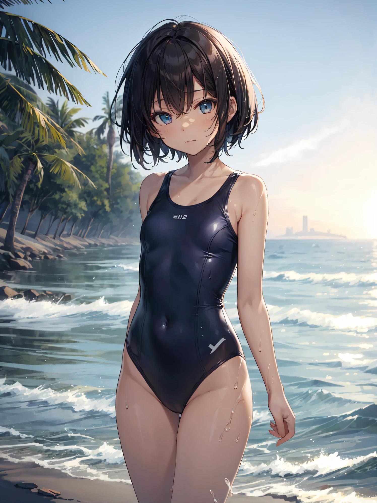 of the highest quality, anime moe art style,Best Anime 8K Konachan Wallpapers,Pixiv Contest Winner,Perfect Anatomy, BREAK,(Draw a picture of a girl in a swimsuit walking on the beach.),BREAK, 1girl is both ceremonial,(Solo,Lori face, 12year old:1.5),a junior high school student,Full limbs, complete fingers, Short hair,Combing hair, Forehead,flat chest, Small butt, ,finely detailed beautiful eye, groin, Wet, Shiny skin, Cowboy Shot, Swimsuit, in beach.BREAK,Ultra-detailed,High resolution,super detailed skin, Professional Lighting, Illustration,