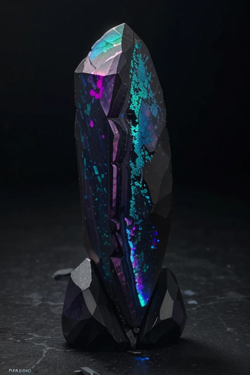 unusual mineral, gradient, dark blue, slightly pink in places, slightly purple, black, glossy, geoid, rough corners, texture, beautiful on black, slightly glowing, light inside, hyperrealism, hd, realism, real, Black Opal Lighting Ridge, fluorite, Burma tourmaline stone levitation around nothing