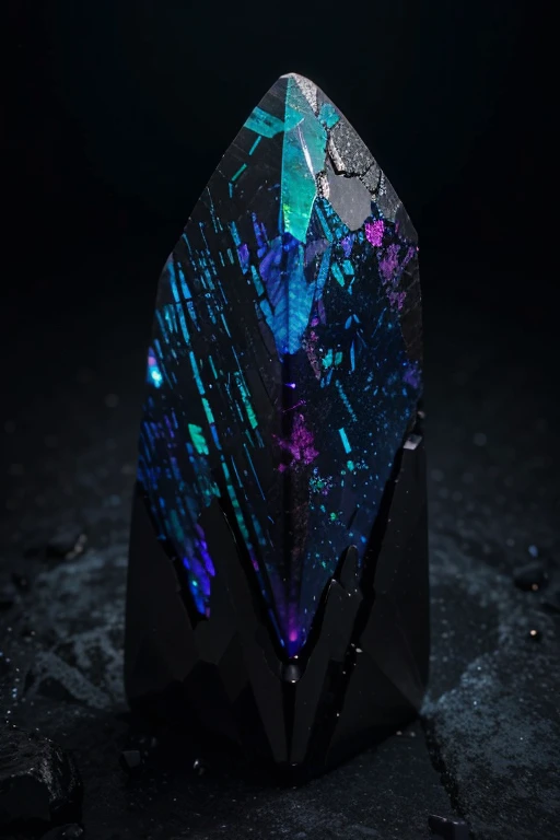unusual mineral, gradient, dark blue, slightly pink in places, slightly purple, black, glossy, geoid, rough corners, texture, beautiful on black, slightly glowing, light inside, hyperrealism, hd, realism, real, Black Opal Lighting Ridge, fluorite, Burma tourmaline stone levitation around nothing