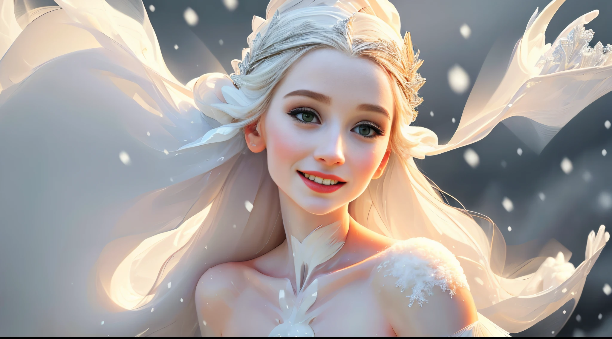 style portrait of a ((snow goddess)), (incomplete painting), white background, oil painting with visible impressionistic strokes  dynamic pose, abstract background, upper body shot, zoomed, emotionally evocative, expansive strokes, atmospheric, dynamic, dramatic, best quality, best resolution, highly realistic, ruddy skin, beautiful, full lips, smiling, feeling of lightness and joy, hyperrealism, skin very elaborated, direct gaze