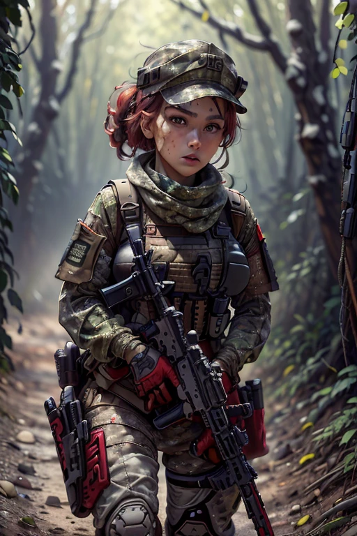 a woman, (wearing camouflage_uniform:1.3), wearing cap, (holding a rifle:1.5), (red uniform:1.5),
good hand,4k, high-res, masterpiece, best quality, head:1.3,((Hasselblad photography)), finely detailed skin, sharp focus, (cinematic lighting), soft lighting, dynamic angle, [:(detailed face:1.2):0.2], medium breasts,(((military training camp))),