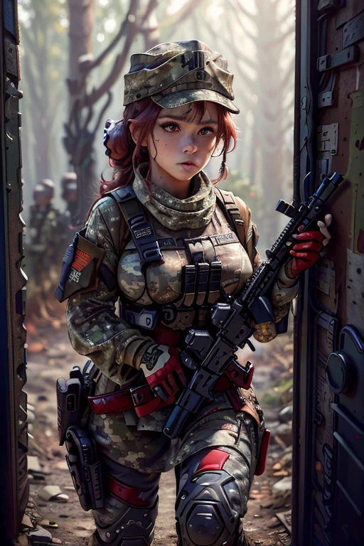 a woman, (wearing camouflage_uniform:1.3), wearing cap, (holding a rifle:1.5), (red uniform:1.5),
good hand,4k, high-res, masterpiece, best quality, head:1.3,((Hasselblad photography)), finely detailed skin, sharp focus, (cinematic lighting), soft lighting, dynamic angle, [:(detailed face:1.2):0.2], medium breasts,(((military training camp))),