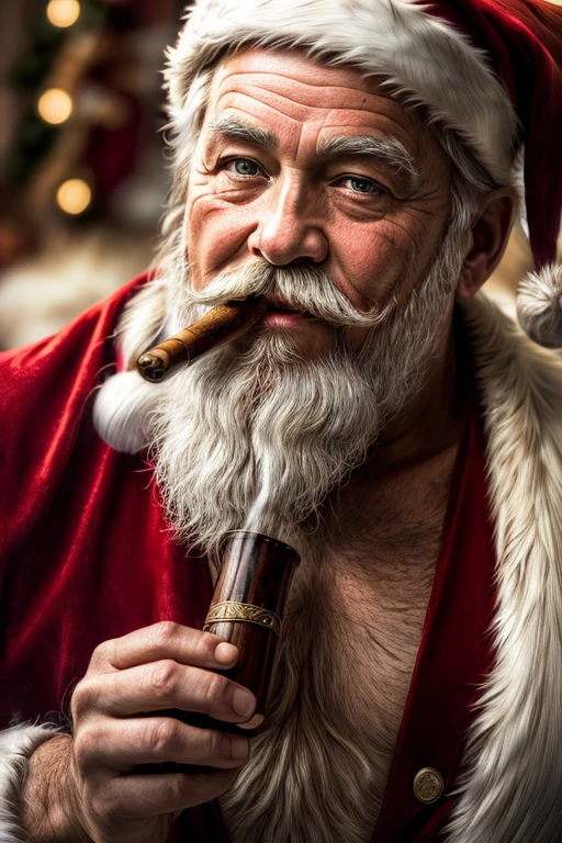 (masterpiece, photorealistic, raw,:1.4), (extremely intricate:1.2), close up, cinematic light, sidelighting, ultra high res, best shadow, RAW, upper body, Santa Claus, smoking pipe