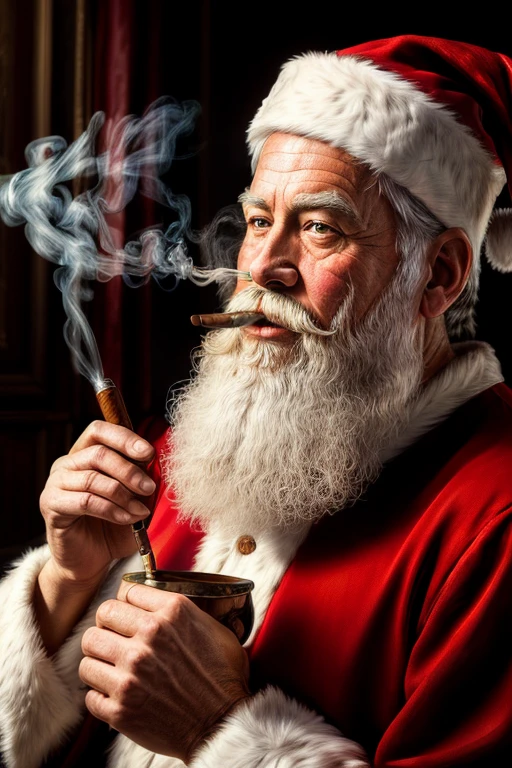 (masterpiece, photorealistic, raw,:1.4), (extremely intricate:1.2), close up, cinematic light, sidelighting, ultra high res, best shadow, RAW, upper body, Santa Claus, smoking pipe