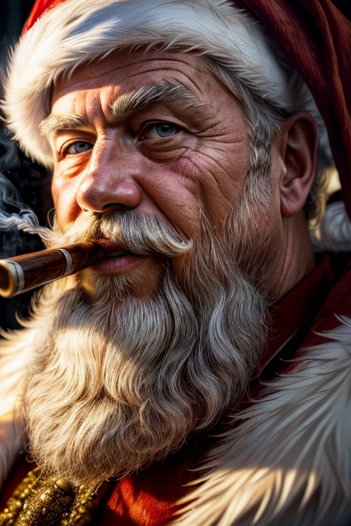 (masterpiece, photorealistic, raw,:1.4), (extremely intricate:1.2), close up, cinematic light, sidelighting, ultra high res, best shadow, RAW, upper body, Santa Claus, smoking pipe