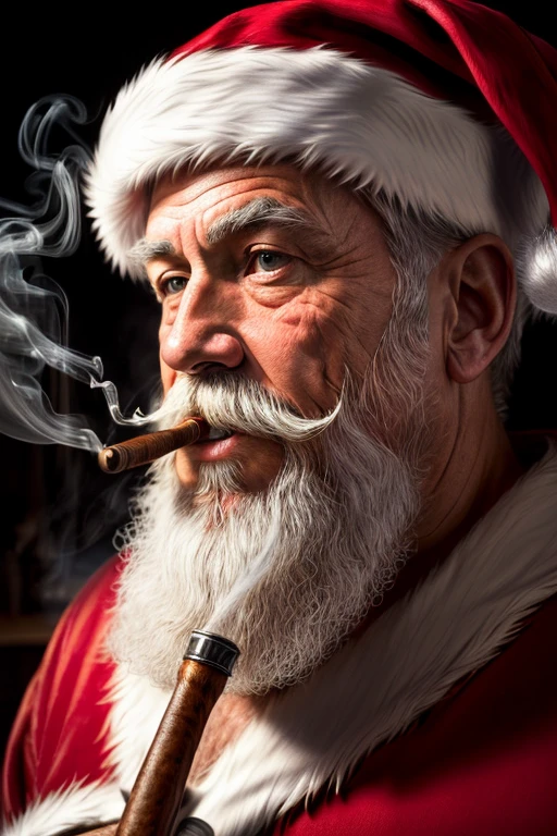 (masterpiece, photorealistic, raw,:1.4), (extremely intricate:1.2), close up, cinematic light, sidelighting, ultra high res, best shadow, RAW, upper body, Santa Claus, smoking pipe