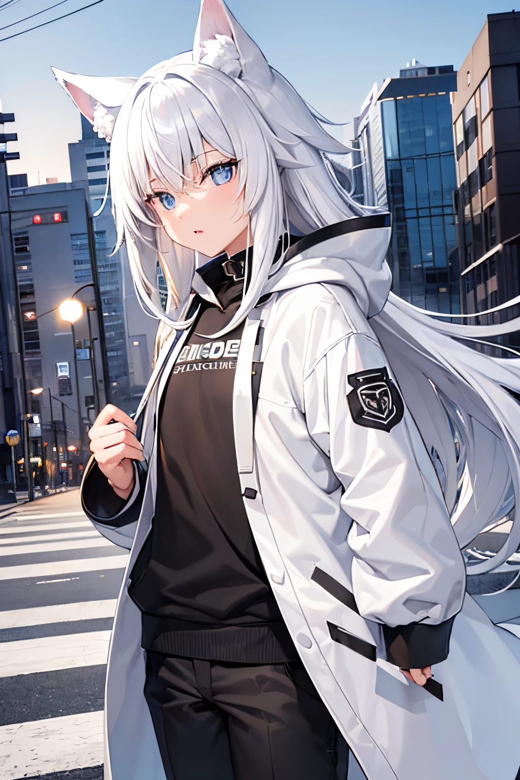 white  hair、Wolf ears、Evening city、early evening、coat over hoodie、JINS、Black coat、White hoodie、a beauty girl、Viola、light blue  eyes、Wolfhair、landscapes、Small mouth、raise the corners of one's mouth、moderno、Black pants