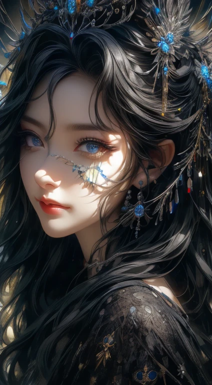 A girl,cute big breasts,Incredibly detailed, A high resolution, Best quality, tmasterpiece: 1.2, actual, A detailed eye, detailed lips, Extremely detailed eyes and face, Long eyelashes,black hair color hair,black dress portrait, oil painted, kosmos, welcoming, Particle, The halo, Bio-luminescence: 0.95, A vibrant one, Colorful, glowing, complex composition, 电影灯光, Complex, Symmetrical: 0.5, Surreal.