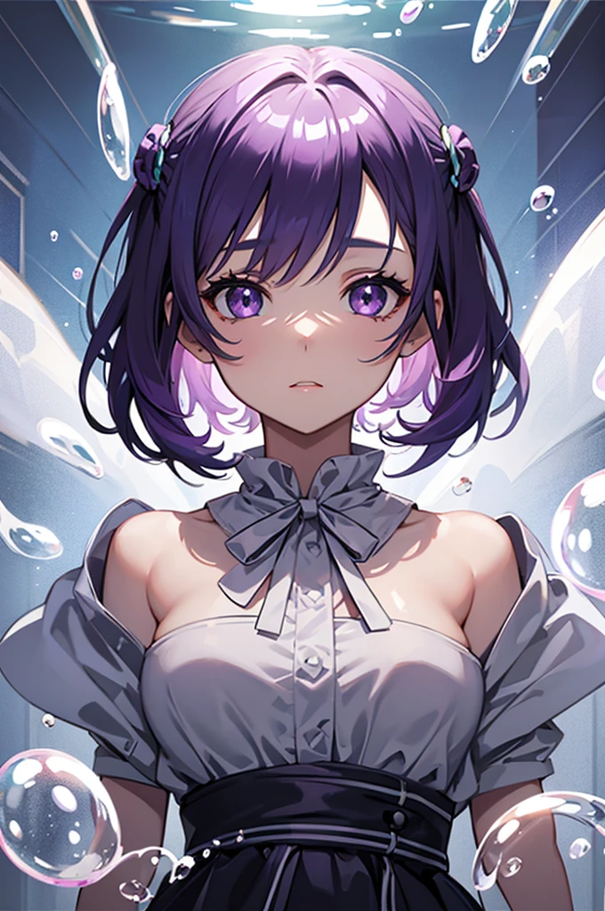 Solo, 1girl in, Purple eyes, Purple hair, Bubble, Looking at Viewer, Portrait, Half-closed eyes, Short hair, Closed mouth,Glossy foam,Bubbles, Colors that shine in bubbles, Reflective bubbles,Bubbles ,bubbles around, Turning into a bubble, Translucent foam, Iridescent reflections, fullnude