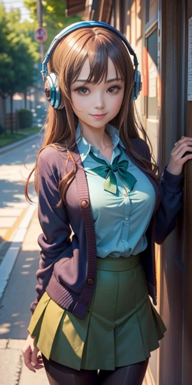 2d, masterpiece, best quality, anime, highly detailed, 1girl, solo, cowboy shot, nakano miku, brown hair, hair between eyes, blue cardigan, headphones, pantyhose, collared shirt, green skirt, miniskirt, medium breasts, standing, school, outdoors, smile