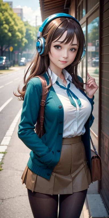 2d, masterpiece, best quality, anime, highly detailed, 1girl, solo, cowboy shot, nakano miku, brown hair, hair between eyes, blue cardigan, headphones, pantyhose, collared shirt, green skirt, miniskirt, medium breasts, standing, school, outdoors, smile