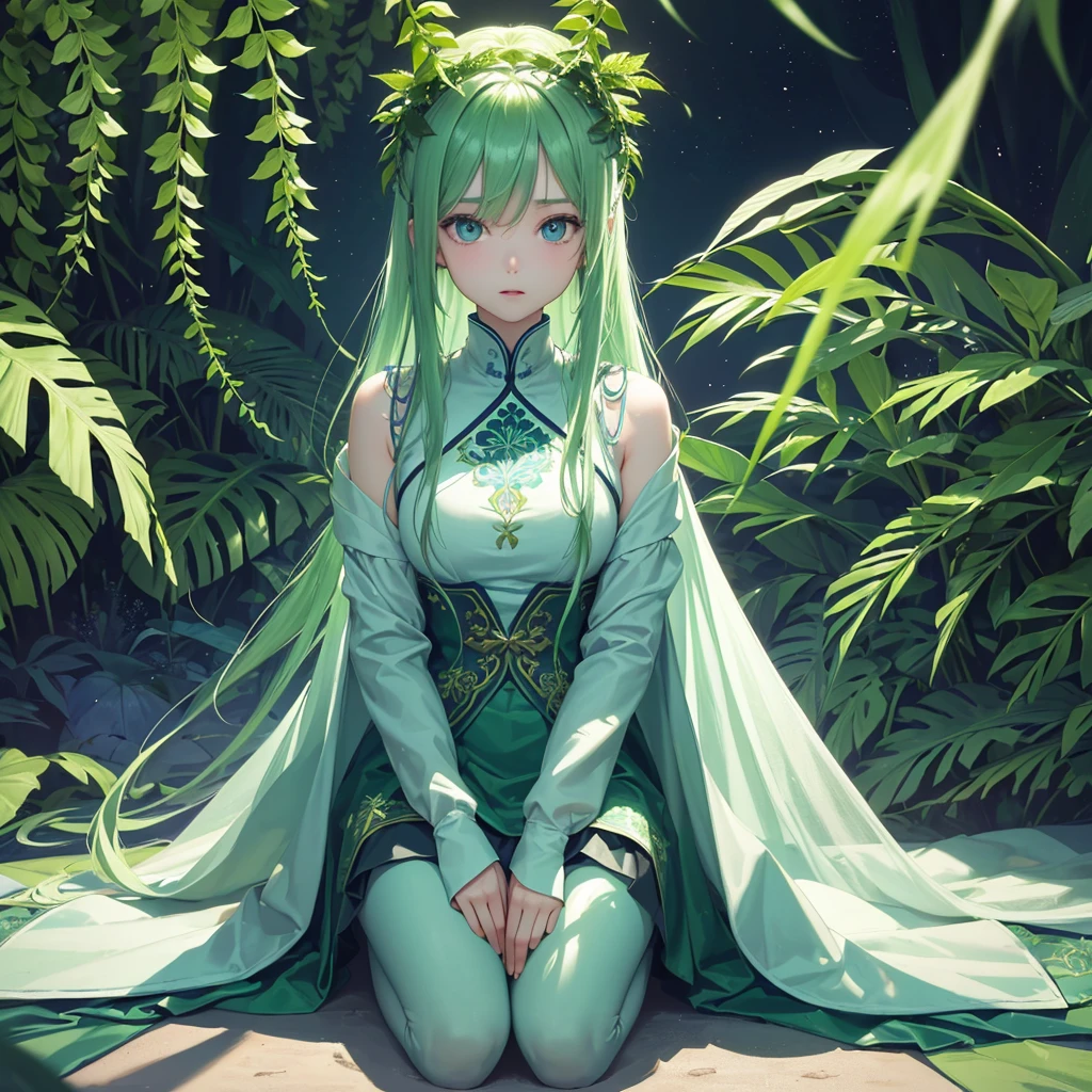 8K, Best quality, tmasterpiece, 超高分辨率, girl merging with plants,plant girl，light green white tone，glowing blue eyes，Vine plants，fern，Beautiful Eyes and Face Details, Best quality, (Sitting on the side kneeling，Looking up from the side)，Super intricate botanical decoration，Extremely quality