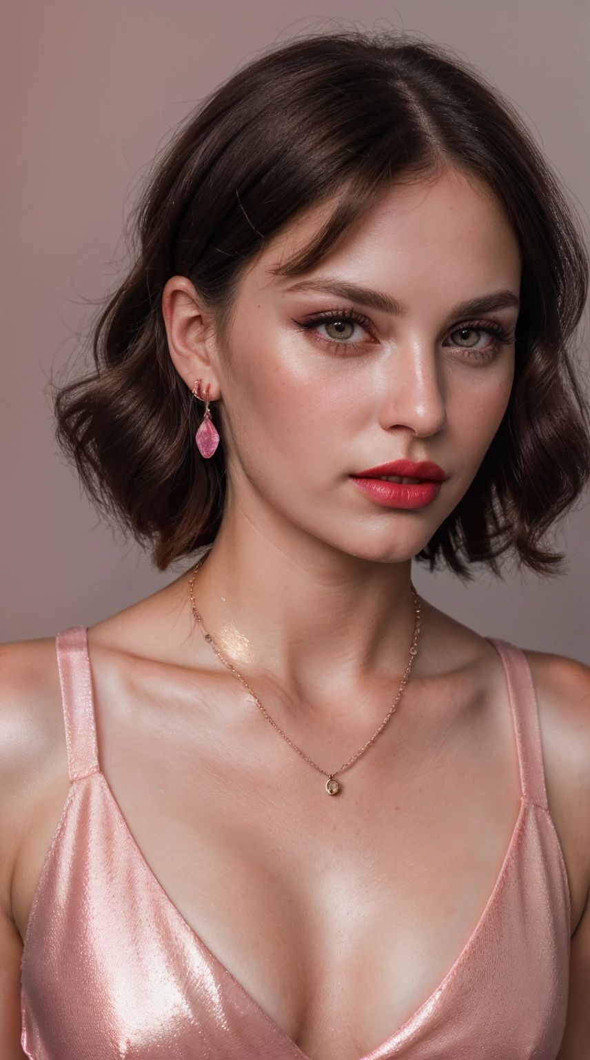 Masterpiece, boycut hair, (RAW photo, realism: 1.8), (very Orange lip gloss, dark jet pink lipstick, detailed lips, many eyelashes, dark brown eye, eye shadow, to much shy, to much blushing, high quality, high resolution, boycut brown shiny hair, depth of field, chromatic aberration, caustic, wide light, natural colors, (30 year old woman), necklaces, chokers, earrings, bracelets, wear many accessories, silk pink drees, color dress, medium breast, soft shiny skin, fair dark pinks shiny skin, slim shiny nose, beautiful eyes, The Casual Hip Stance poses, 8k results, high resolution, realistic,