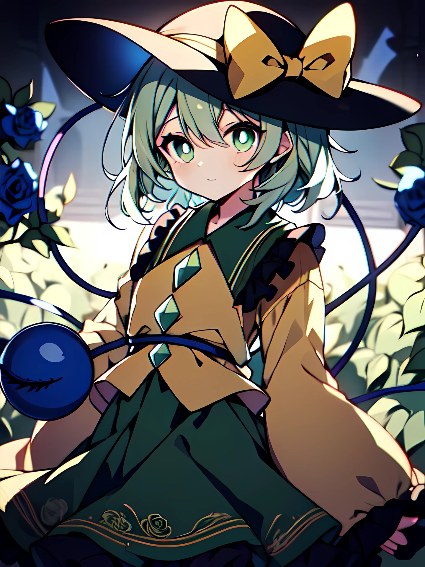 komeiji koishi, Black hat, light green hair, Silver hair, Yellow bow, Blue eyes, Green eyes, Yellow jacket, Green collar shirt, frilled collar, Black frills , frilly sleeves, Green skirt, rose pattern skirt, Blue Rose Garden, Bright pupils,