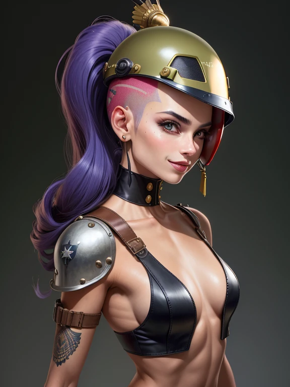 ((( corpo inteiro ))), ((( Military helmet on head ))), roupa cheia de buttons, master part, best quality, super detalhe, 8k, mulher linda, Tank Girl com cara de maluca, sorriso malicioso , cabelo moicano colorido, garota punk, post-apocalyptic world, (( do tanque )), Nijistyle, roupas rasgadas e sujas, moicano curto, sides of shaved head, rosto limpo