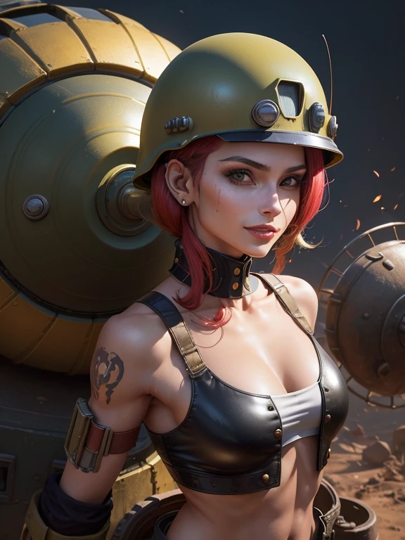 ((( corpo inteiro ))), ((( Military helmet on head ))), roupa cheia de buttons, master part, best quality, super detalhe, 8k, mulher linda, Tank Girl com cara de maluca, sorriso malicioso , cabelo moicano colorido, garota punk, post-apocalyptic world, (( do tanque )), Nijistyle, roupas rasgadas e sujas, moicano curto, sides of shaved head, rosto limpo