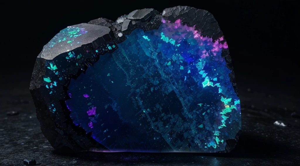 unusual mineral, gradient, dark blue, slightly pink in places, slightly purple, black, glossy, geoid, rough corners, texture, beautiful on black, slightly glowing, hyperrealism, hd, realism, real, Black Opal Lighting Ridge, fluorite, Burma tourmaline stone around nothing deep black background
