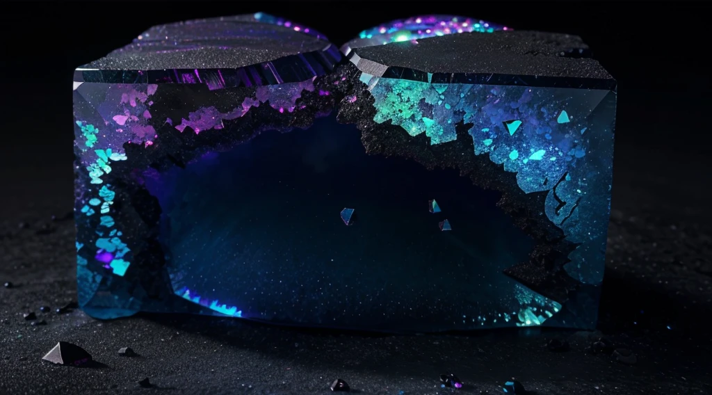 unusual mineral, gradient, dark blue, slightly pink in places, slightly purple, black, glossy, geoid,  rough corners, texture, beautiful on black, slightly glowing, hyperrealism, hd, realism, real, Black Opal Lighting Ridge, fluorite, Burma tourmaline stone around nothing deep black background
