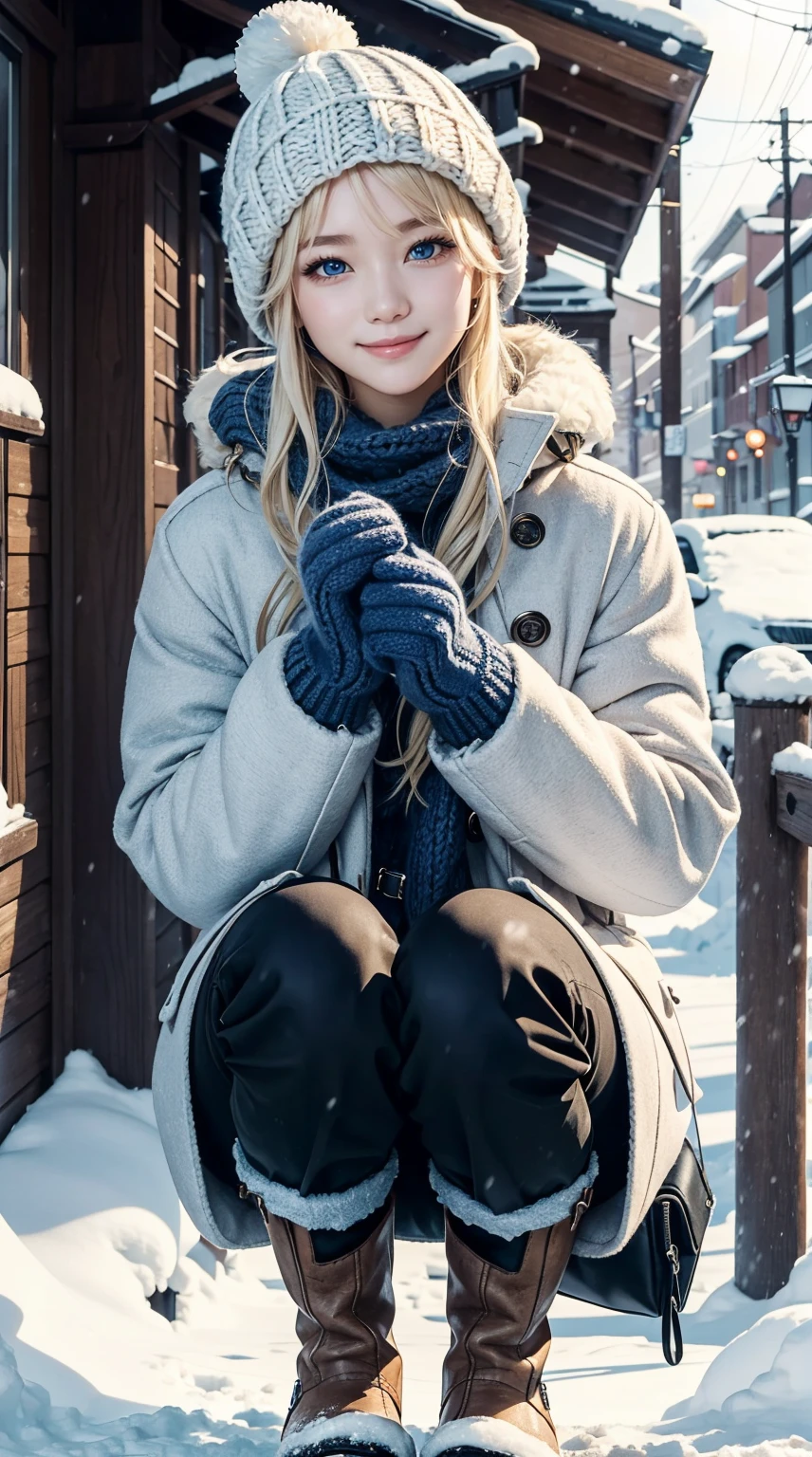 25-year-old Caucasian woman、platinum-blonde、blue eyess、Semi-long、My hair is wavy、a smile、My abs are cracked、a smile、slim muscular body、I don't want my head to disappear from the screen.、Wearing a duffel coat、wearing mitten gloves、I'm in a snowy town、wearing a woolen hat、I'm wearing a muffler、Squatting、Facing to the side、I'm wearing short boots、I'm wearing hot pants