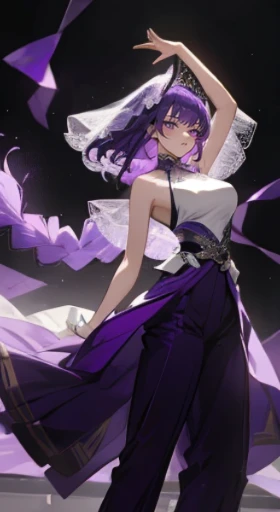 (Top resolution),1womanl,Anime, Purple eyes,Delicate eyes,Purple hair,big bob hair,Braids,dancer,Harlem pants,purple face veil,The background is the stage,Dancing on stage,the original god,Raiden General