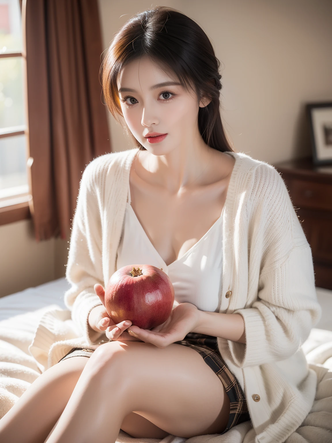clean backdrop，actual，realistically，studio light,studio，（32K，RAW photogr，Best quality，tmasterpiece：1.6），（realistically，photo-realism：1.72）， in a mesmerizing picture，Indian elegant woman，black hair color hair，Put on Indian gauze skirt，Light yarn flutters，holding a pomegranate in hand，Holding a small baby，There are 5 small babies around，There are 5 babies in total，her flowing robe，Baby dolls&#39;Cute big breasts，Create a harmonious and otherworldly beautiful and charming scene。 HighDynamicRange，（真实感，qualidade de obra-prima，Best quality），，pure love face_v1，Urzang-6500-V1 version.1，nice hand，Good feet，good legs，realistically，（Exquisite and beautiful eyes and exquisite face)，（Clear focus，Rich details​），The background is well lit，calm expression，Aliasing，depth of fields，gentlesoftlighting，Tone-mapping，The background is very detailed，dramatic lights，Shot with Hasselblad X2D camera and 100mm f2.2 lenses，Lots of colors，The light is very gentle，It has a super realistic texture。