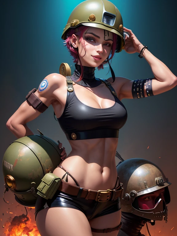 ((( corpo inteiro ))), ((( Military helmet on head ))), roupa cheia de buttons, master part, best quality, super detalhe, 8k, mulher linda, Tank Girl com cara de maluca, sorriso malicioso , cabelo moicano colorido, garota punk, post-apocalyptic world, (( menina do tanque )), Nijistyle, roupas rasgadas e sujas, moicano curto, sides of shaved head, rosto limpo