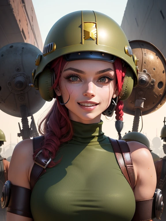 ((( corpo inteiro ))), ((( Military helmet on head ))), roupa cheia de buttons, master part, best quality, super detalhe, 8k, mulher linda, Tank Girl com cara de maluca, sorriso malicioso , cabelo moicano colorido, garota punk, post-apocalyptic world, (( menina do tanque )), Nijistyle, roupas rasgadas e sujas, moicano curto, sides of shaved head, rosto limpo