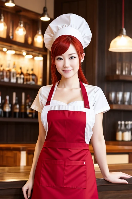 Wearing an apron、Professional Photography、The whole body is shown、30-year-old woman with、slim figure、large full breasts、european face、(Red hair)、White apron、black maid uniform、tray、standing near the bar counter、Bakery background、Adobe Lightroom