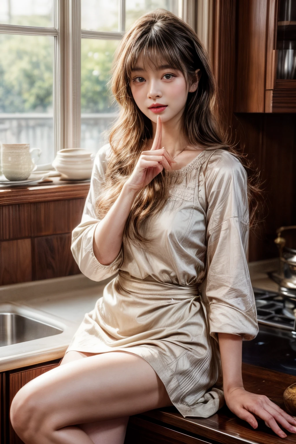 masterpiece、8K、32K、top-quality、(A detailed eye)、(A cute Japanese woman、bangss)、23years old、1 girl in、elegent、(Detailed background depiction、portlate:1.2)、ssmile、(Prairie blouse、White Apron:1.3)、(kitchin、by the window:1.3)、is standing、(Cooking、Put your index finger to your lips:1.5)、beauty legs