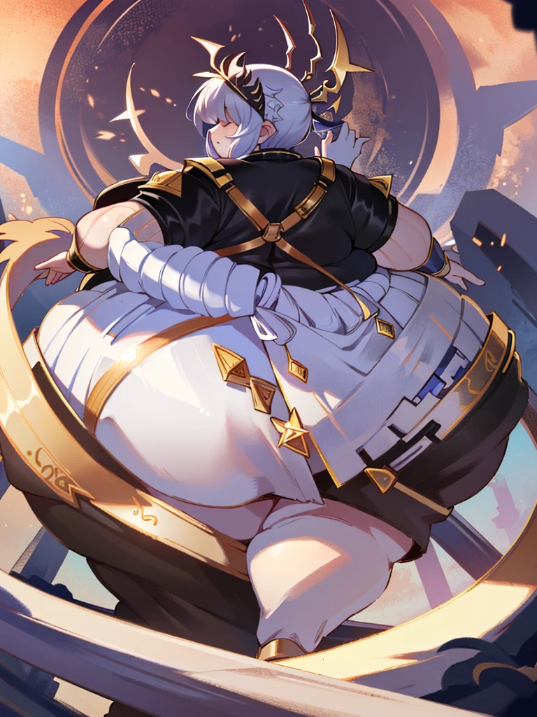 (masterpiece, best quality:1.3)
Obese SmiteNox, Obese 1girl, covered eyes, white hair, from behind high detail, big butt, back pose, digital painting, Pixiv, Artstation, High contrast, dramatic lighting, obese sharp focus