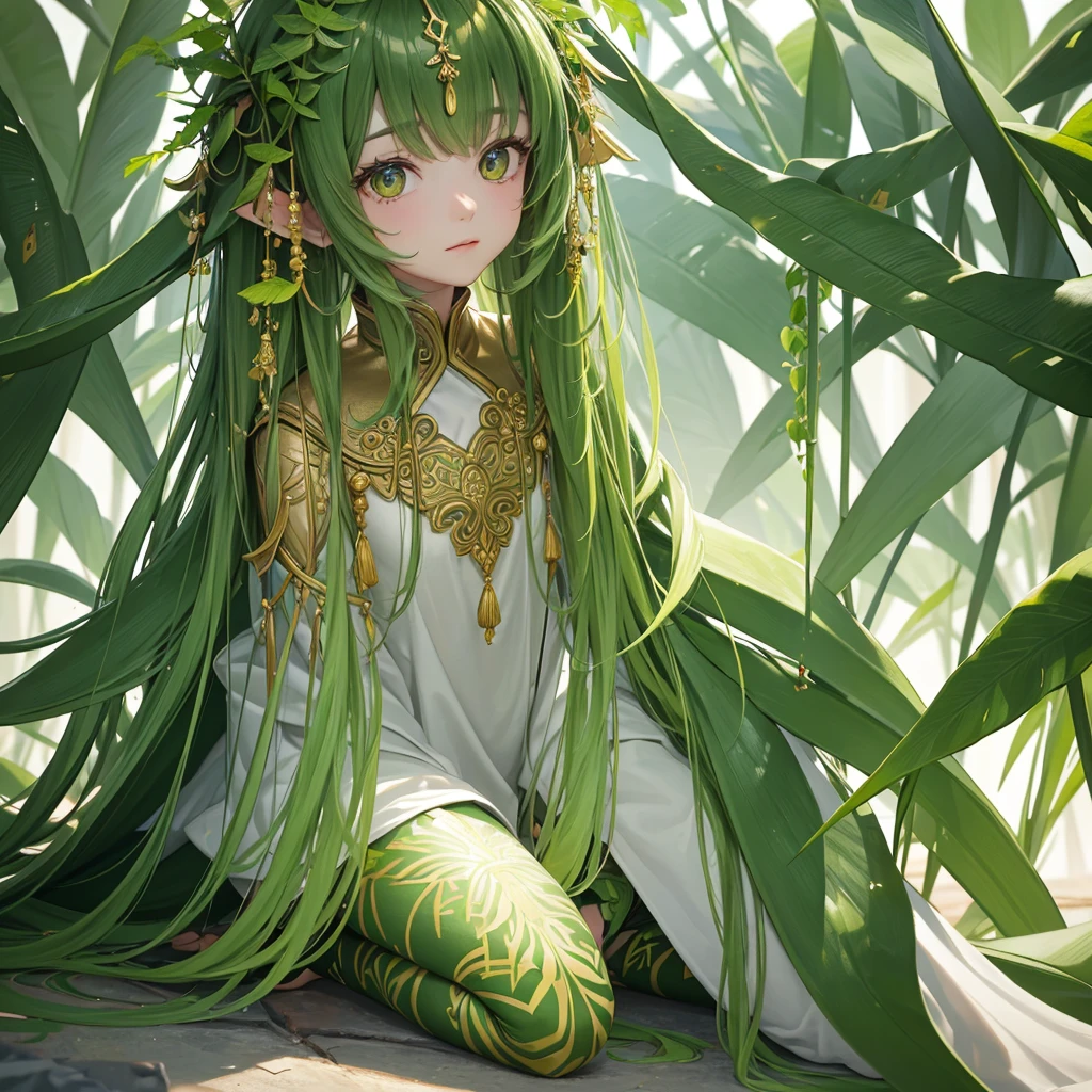 8K, Best quality at best, tmasterpiece, 超高分辨率, (girl blending in with plants,plant girl,light green white tone,glowing golden eyes,lianas,fern),Beautiful Eyes and Face Details, Best quality at best, (Sit and kneel,looking up from the side),(Super subtle,Super intricate botanical decoration,extremely high quality)