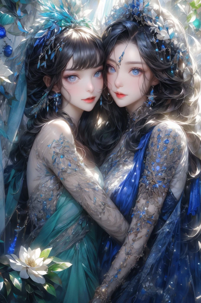 two people with light shining eyes dressed for christmas are shown wearing sparkly makeup, in the style of ambient sculptures, floralpunk, carnivalcore, luminous skies, philip treacy, 32k uhd, radiant clusters --ar 3:4 --s 50 --style cute