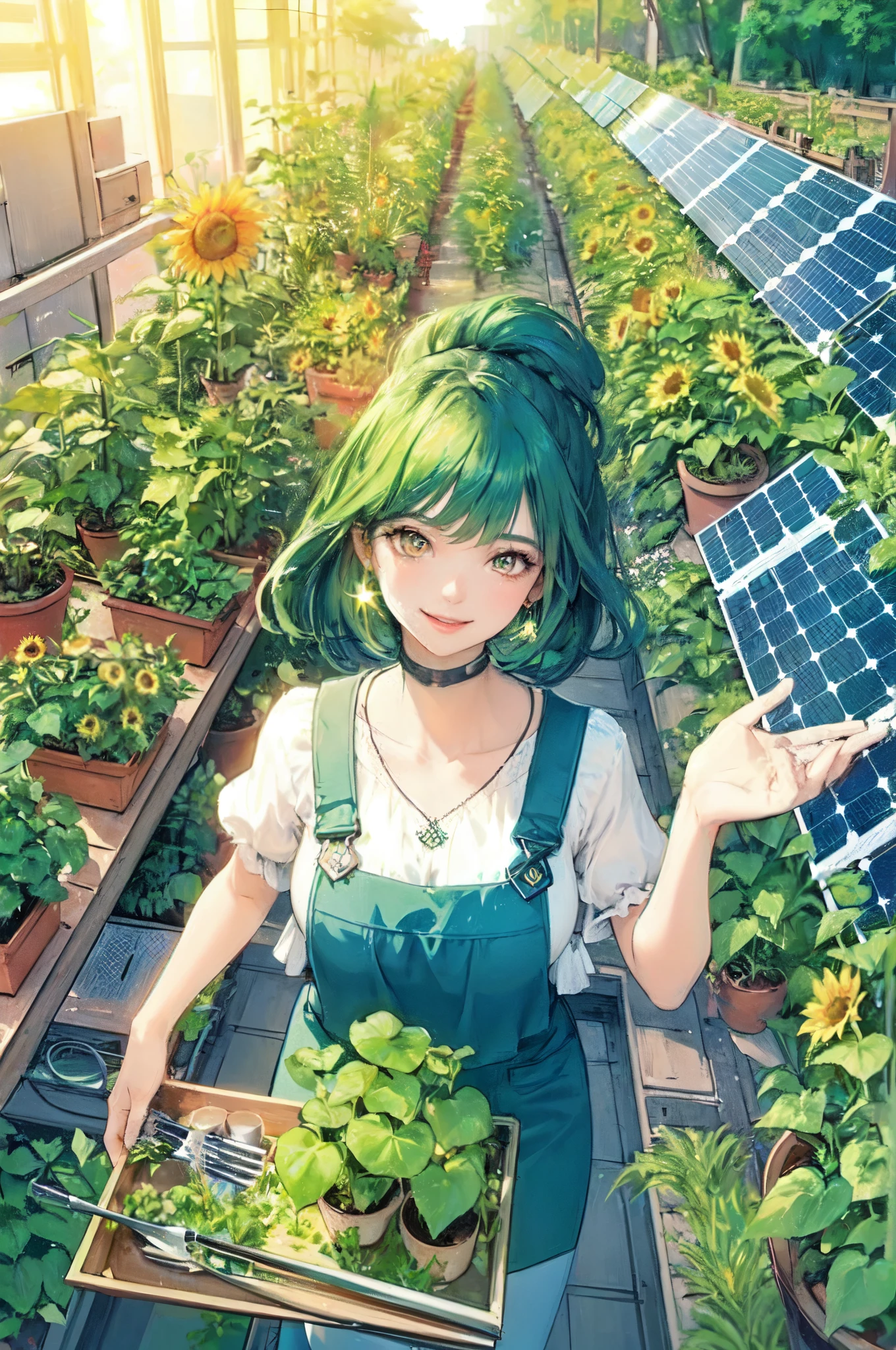 1lady solo, /(stylish outfit/), /(deep green hair/) bangs, kind smile, (eyes sparkling with excitement), (masterpiece best quality:1.2) delicate illustration ultra-detailed, large breasts BREAK (holding a tray with plants), (surrounded beloved plants) BREAK (renewable power energy plant:1.1) outdoors, /(solar panels/), sunflower