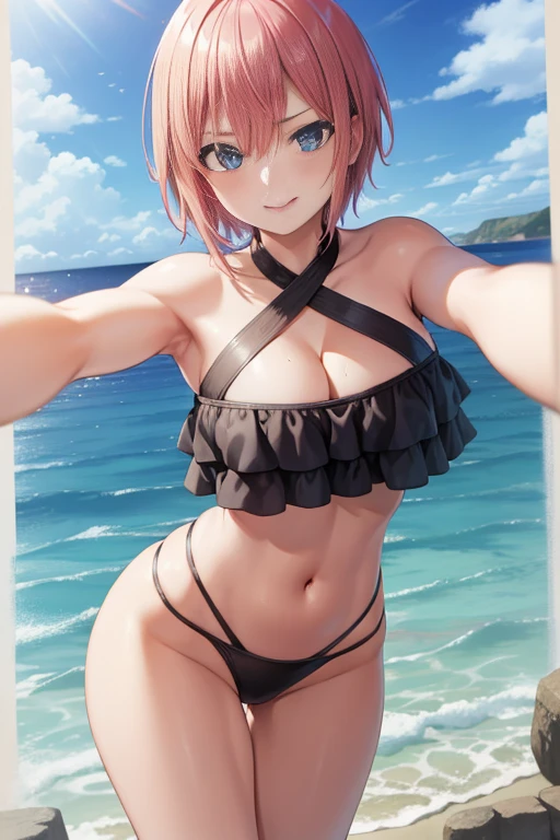 ((fiull body)), 2D, Masterpiece, Top Quality, Animation, Very Detailed, One Girl, Solo, Cowboy Shot, Ichika Nakano, Pink Hair, Short Hair, ((black Swimsuit)), (Bikini), Neckline, ((Standing)), ((selfie with one hand)), Smiling, Sea, Blue Sky, Exposed Skin, Glossy Skin, Big Tits, Cleavage, Wet With Water, Detailed Eyes, Beautiful Eyes, Top Angle, (straight eyebrows)
