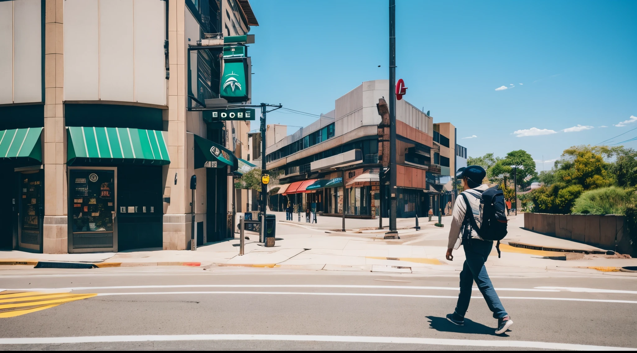 Explorer person walking while carrying a backpack exploration ruins suspicious Landscape seen from a distance Dr look for Odi towns street Will Fashionable mcdonalds Starbucks Hamburger Shop newyork