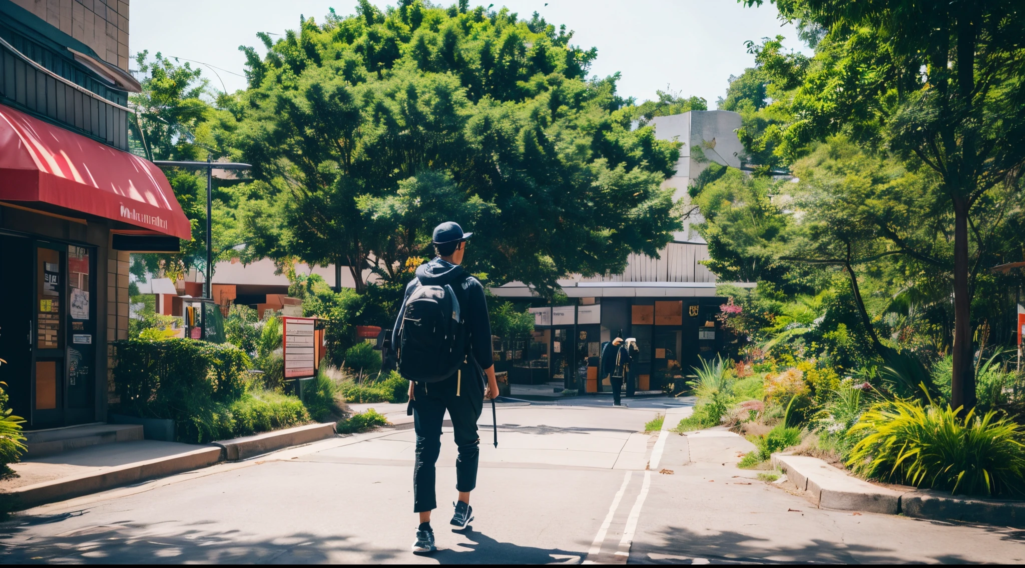 Explorer person walking while carrying a backpack exploration ruins suspicious Landscape seen from a distance Dr look for Odi towns street Will Fashionable mcdonalds Starbucks Hamburger Shop newyork garden rock