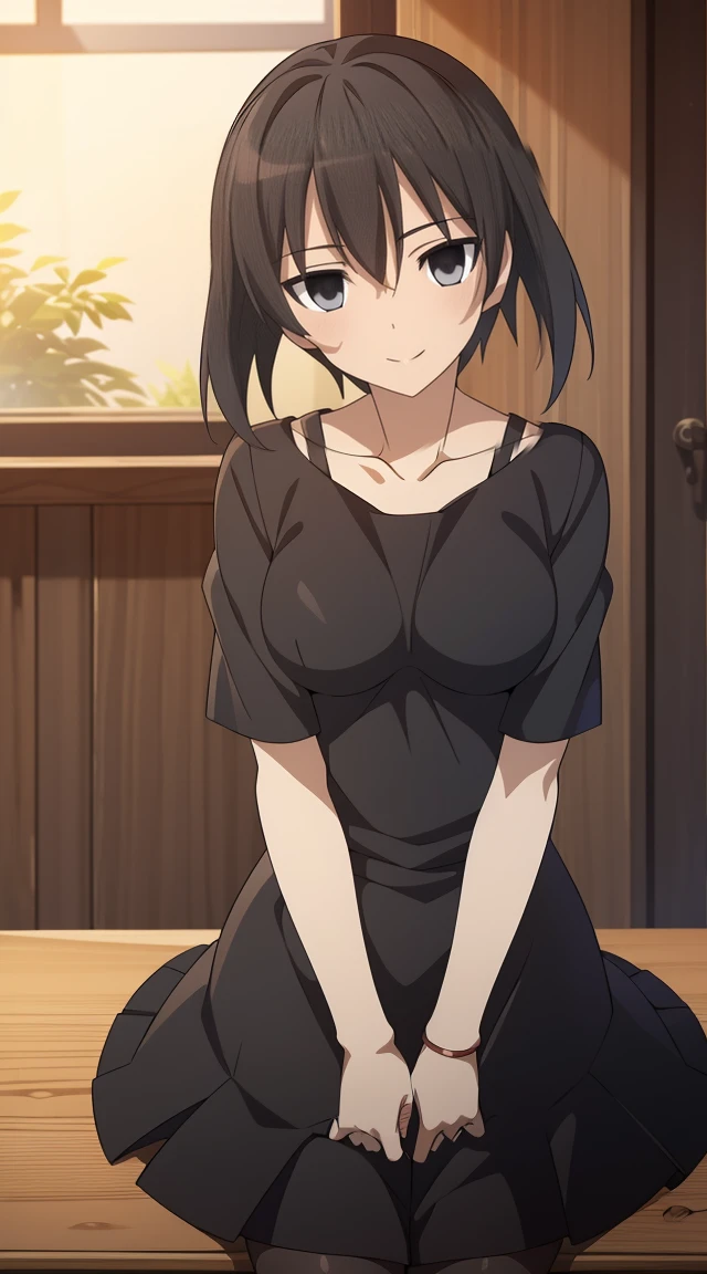 (masterpiece), best quality, expressive eyes, perfect face, kurome , black hair ,short twin ,short hair, black  eyes, medium  breasts, anime art style, official art, blushing, nervous, slightly head tilt, slit look away from the camera, sexy pose, ((sexy bra))background modern bedroom on windows open, full body