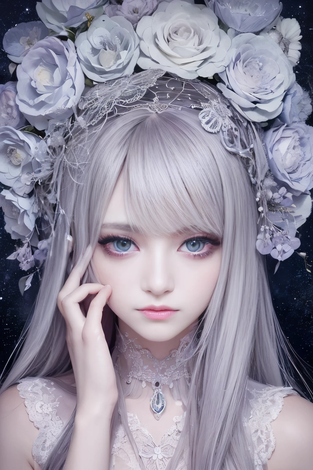 Watercolor art, Accurate and delicate line drawing, femele, monochromes, Beautiful and delicate, art by, The 8k quality, masutepiece, Fantastical, up of face, Beautiful skins, long lashes, Double eyelids, big eye, hightquality, Detailed eyes, tthin eyebrows, Put your hands on your face,